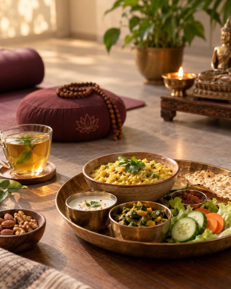 Balanced yoga lifestyle with satvik food and meditation