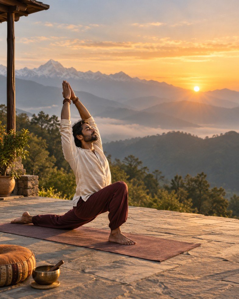 Yoga in Himalayan mountains during sunrise