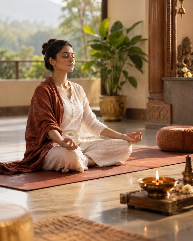 Meditation with diya and yoga mat
