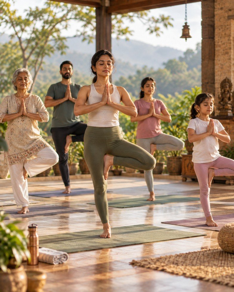 People of different age groups practicing yoga