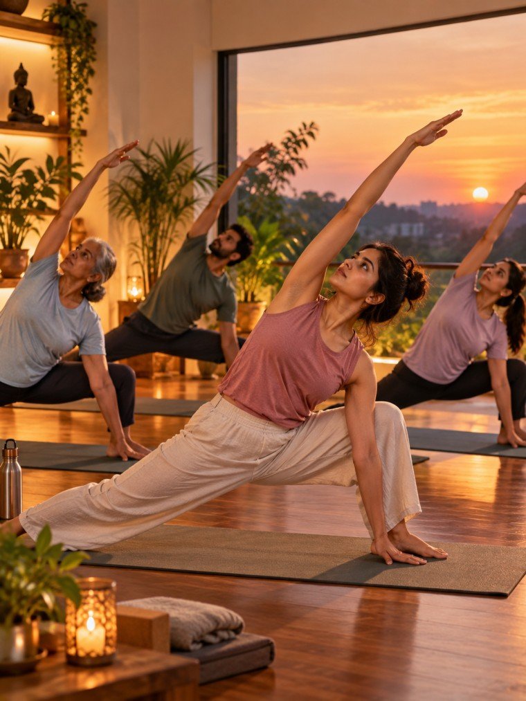 Evening yoga session with a guided group practice at sunset focusing on flexibility, balance, strength, and mindful movement.