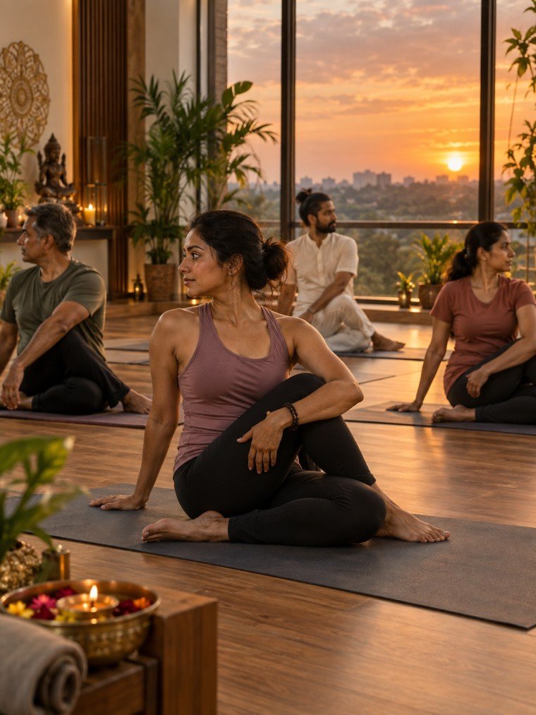 5 PM evening yoga session with guided seated spinal twist practice in a peaceful studio at sunset.